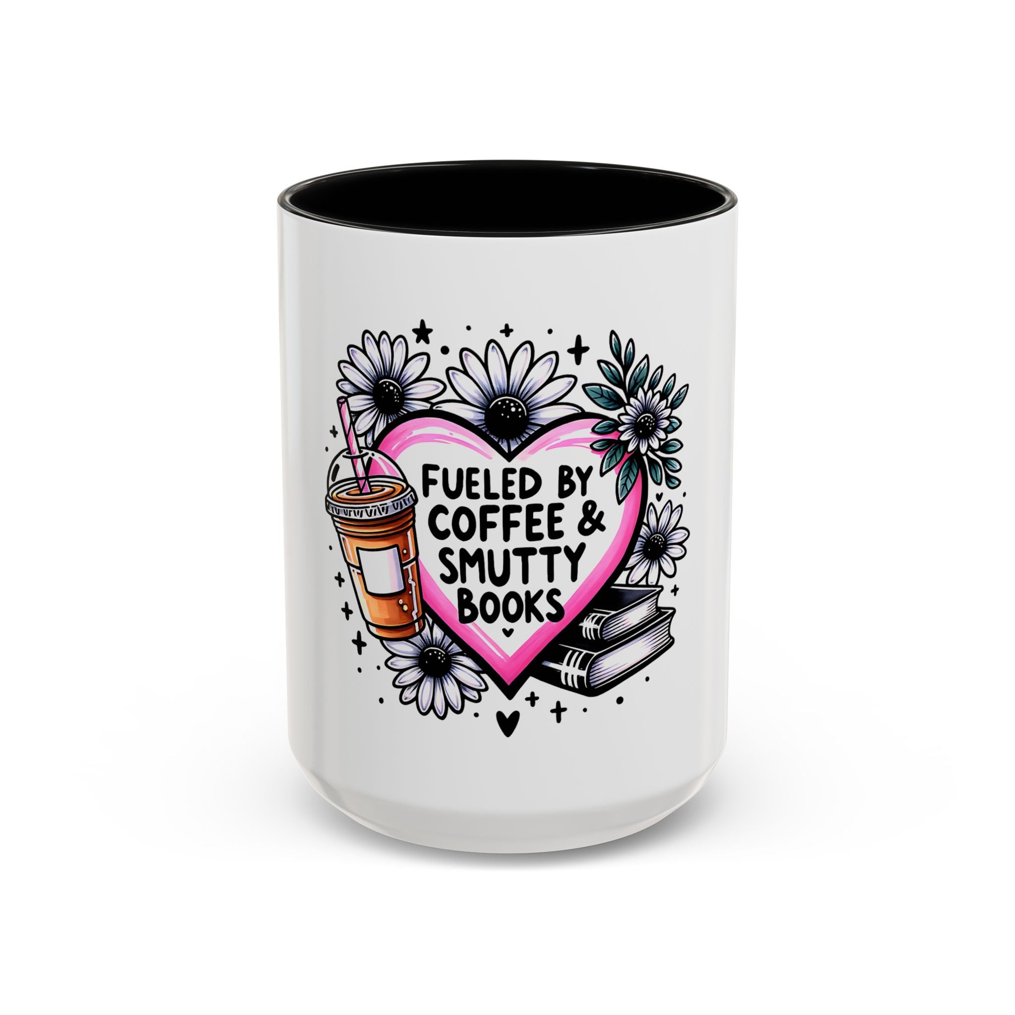 Fueled by Coffee & Smutty Books Mug — Floral Heart Coffee Cup (11/15oz)