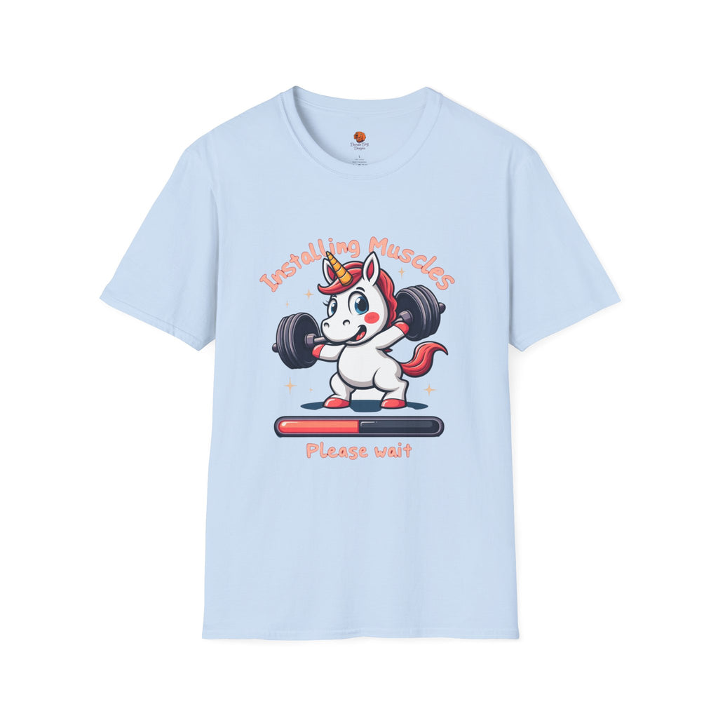 T-Shirt — “Installing Muscles, Please Wait” Cute Unicorn Weightlifting Tee