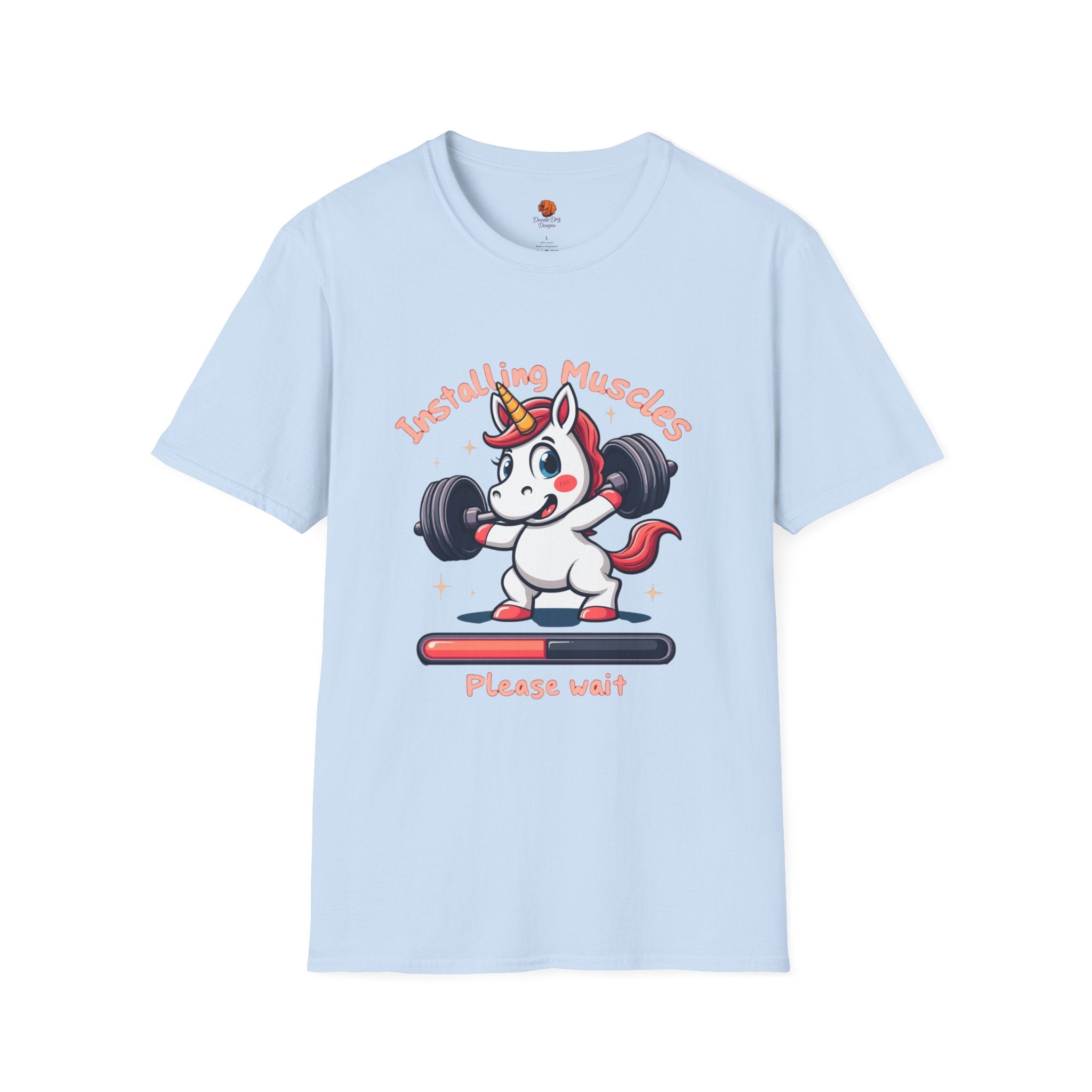 T-Shirt — “Installing Muscles, Please Wait” Cute Unicorn Weightlifting Tee