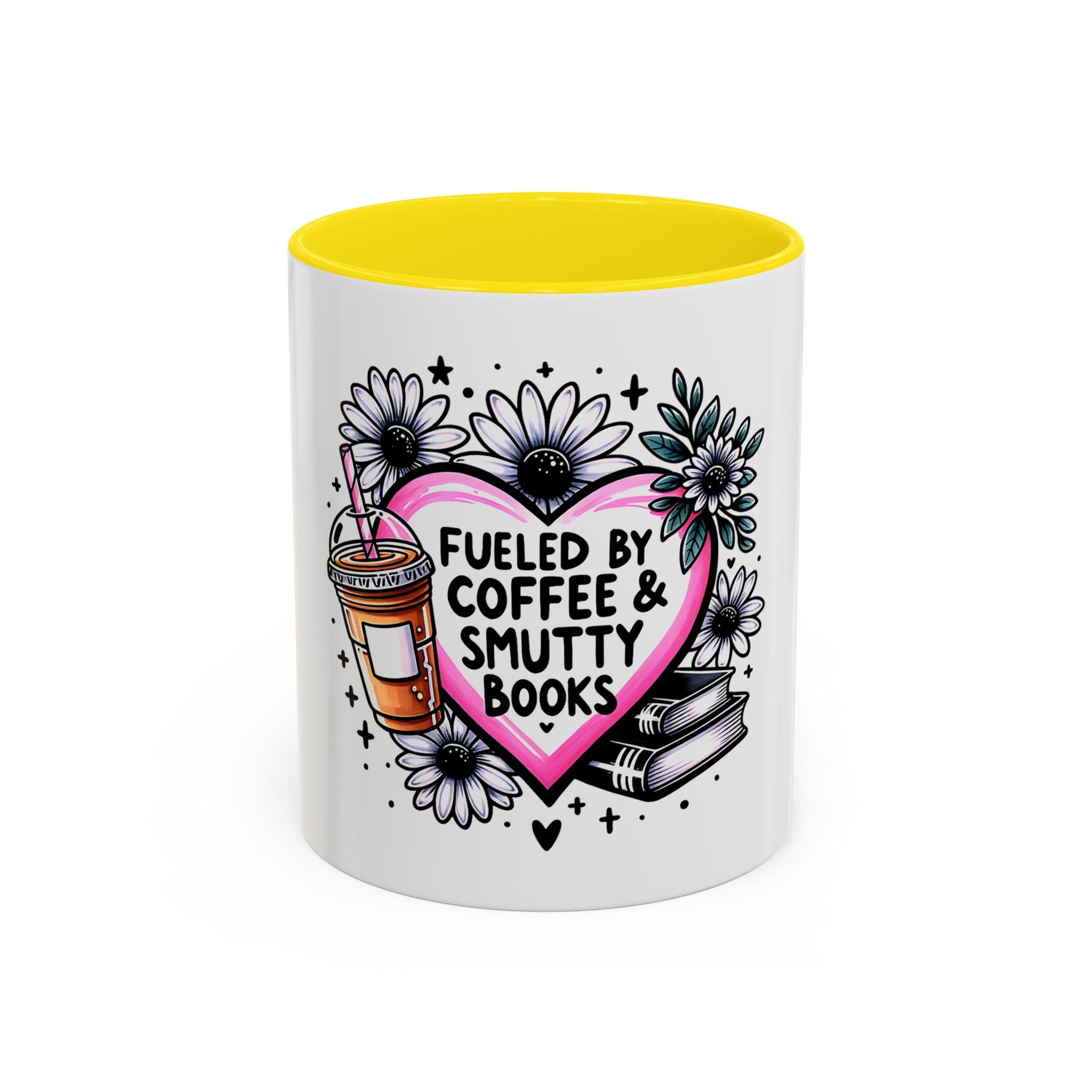 Fueled by Coffee & Smutty Books Mug — Floral Heart Coffee Cup (11/15oz)