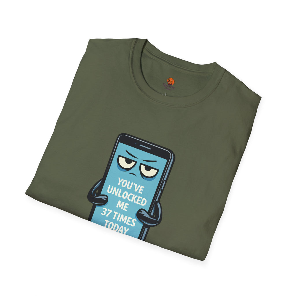 Phone Emoji T-Shirt — "You've Unlocked Me 37 Times Today" Funny Tech Tee