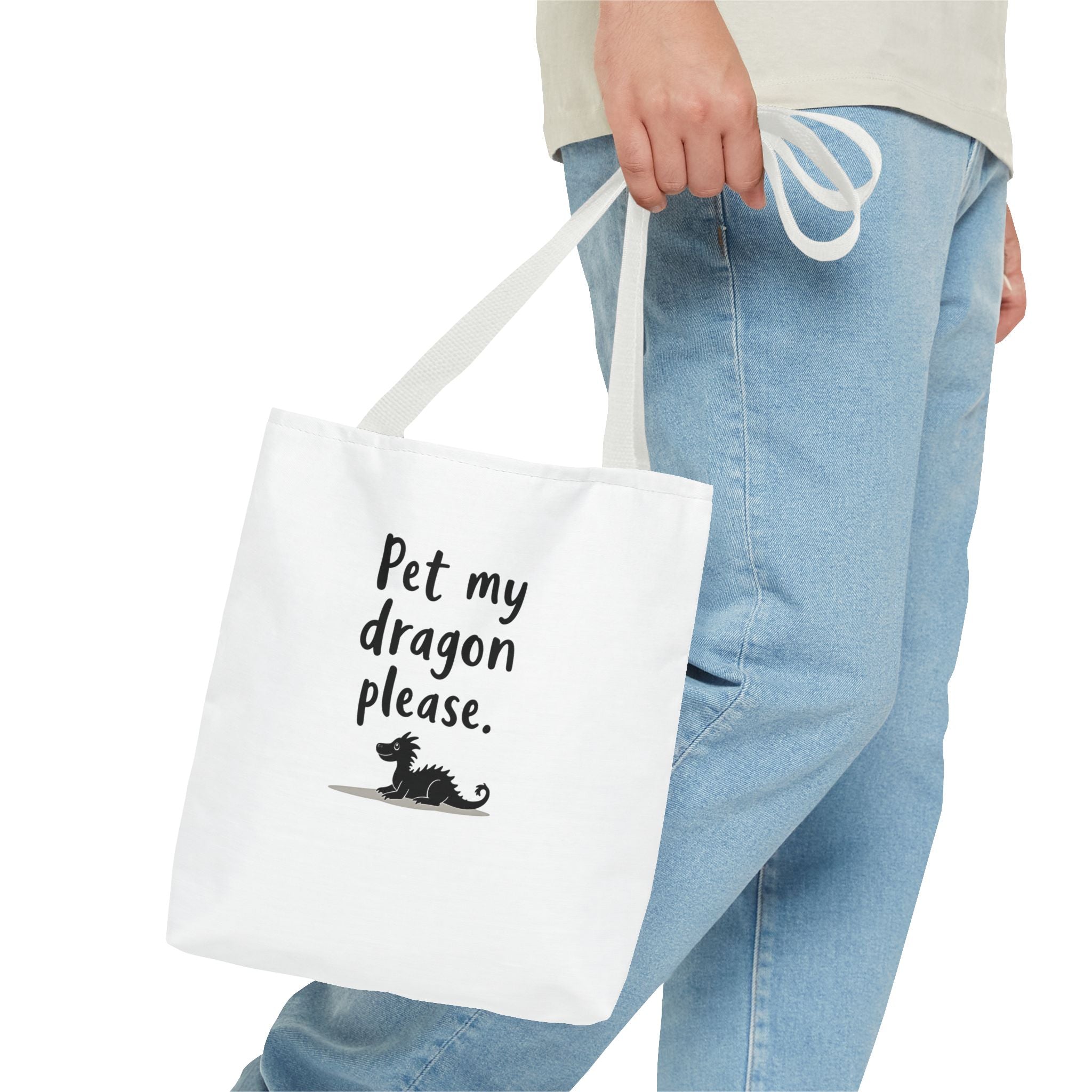 Pet My Dragon Please Tote Bag — Cute Fantasy Dragon Illustration Tote