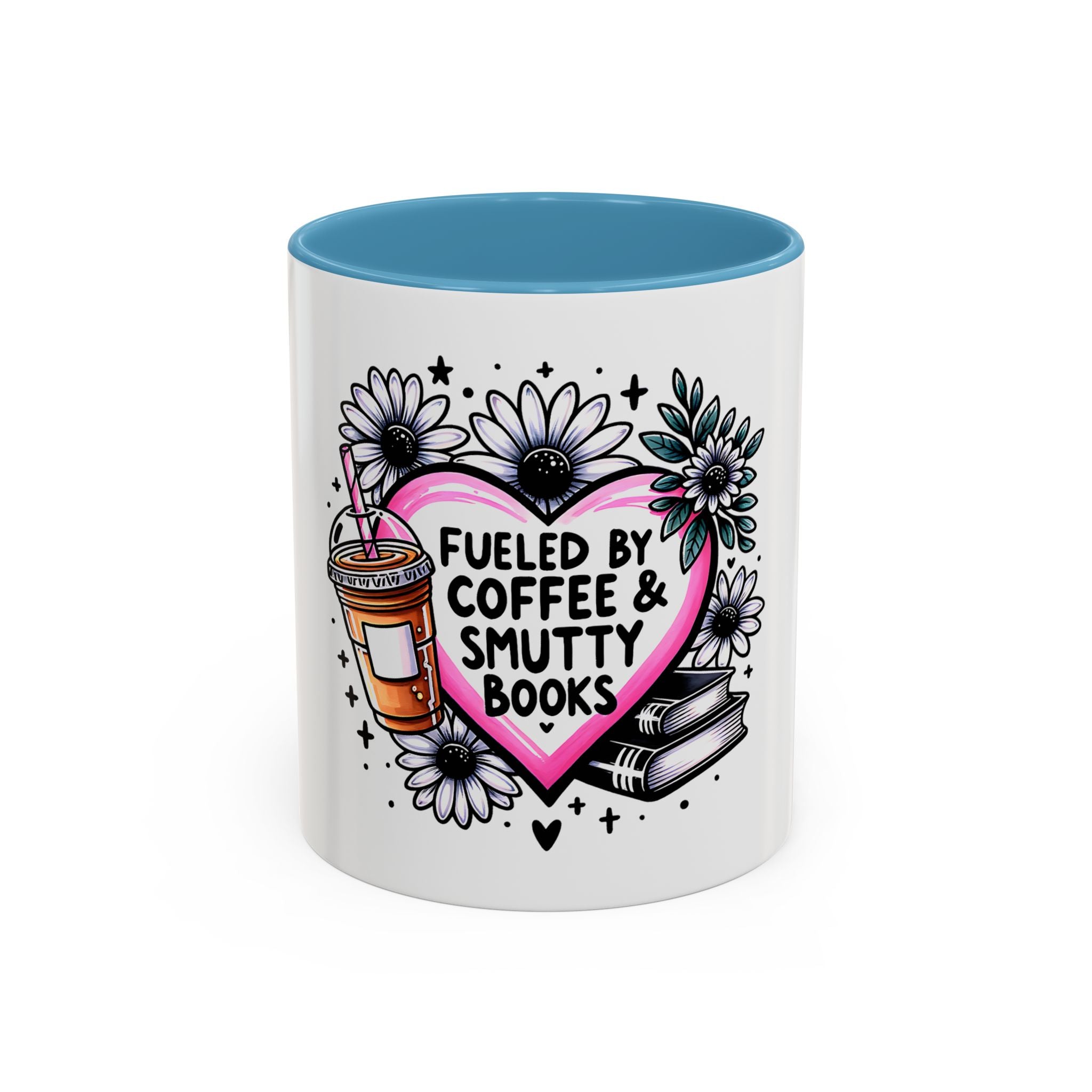 Fueled by Coffee & Smutty Books Mug — Floral Heart Coffee Cup (11/15oz)