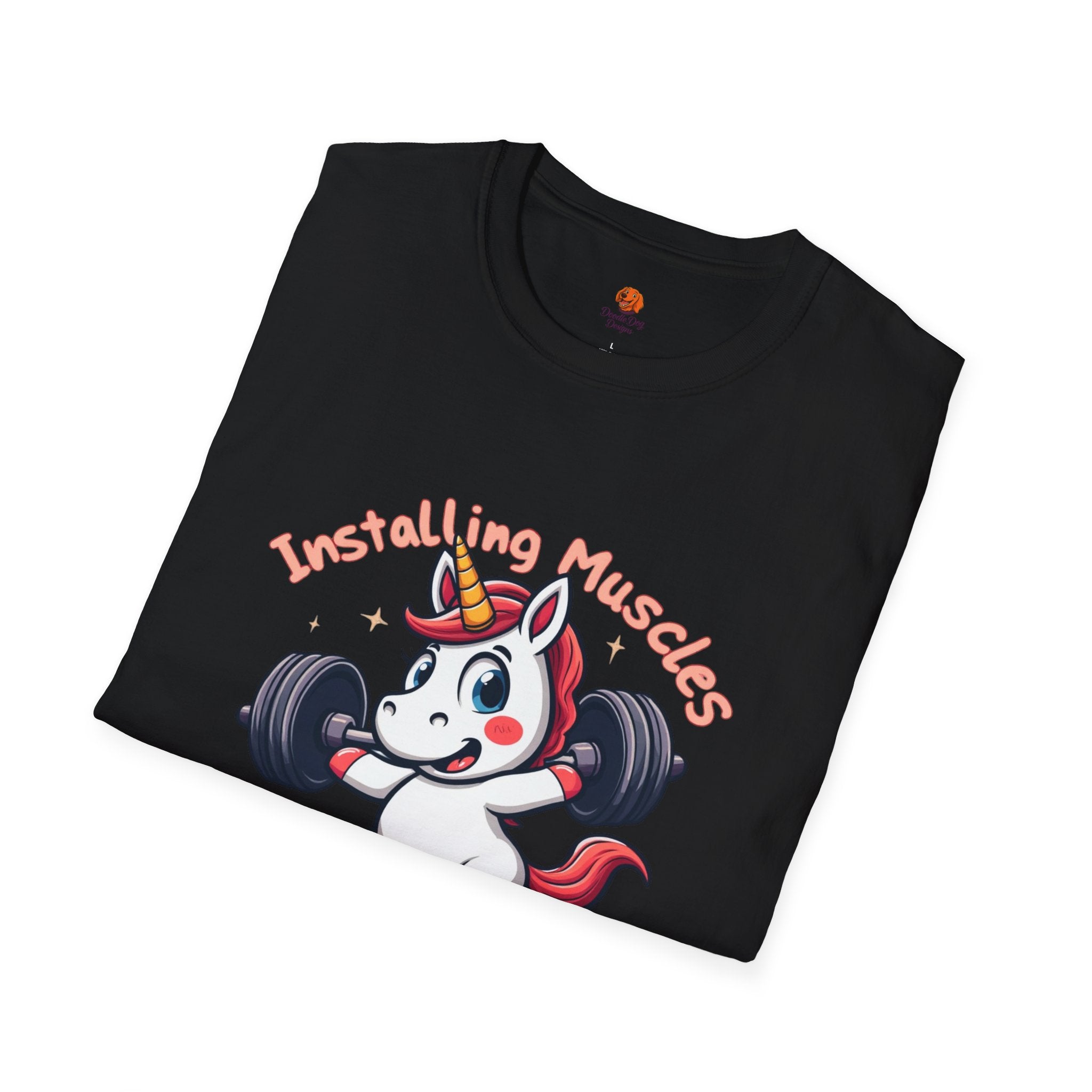 T-Shirt — “Installing Muscles, Please Wait” Cute Unicorn Weightlifting Tee