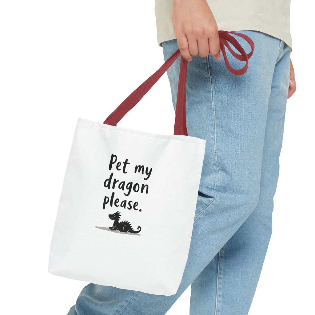 Pet My Dragon Please Tote Bag — Cute Fantasy Dragon Illustration Tote
