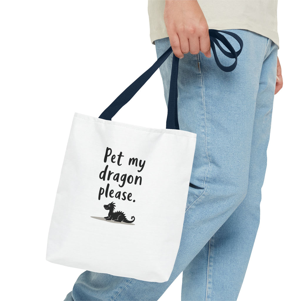 Pet My Dragon Please Tote Bag — Cute Fantasy Dragon Illustration Tote
