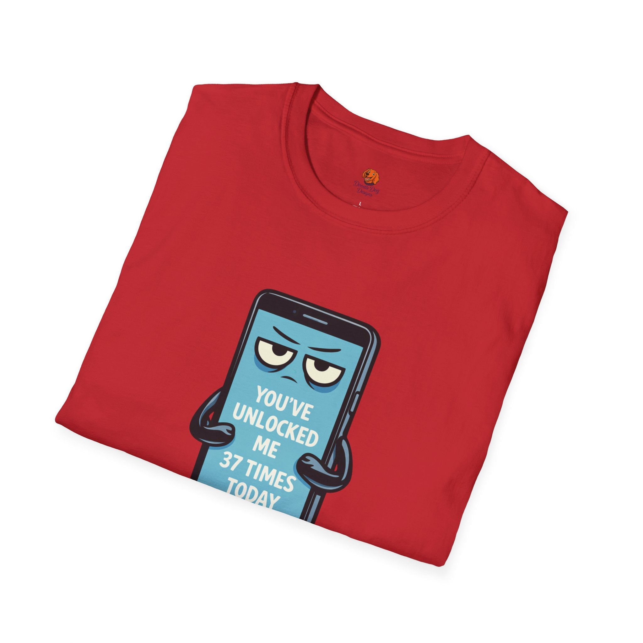 Phone Emoji T-Shirt — "You've Unlocked Me 37 Times Today" Funny Tech Tee