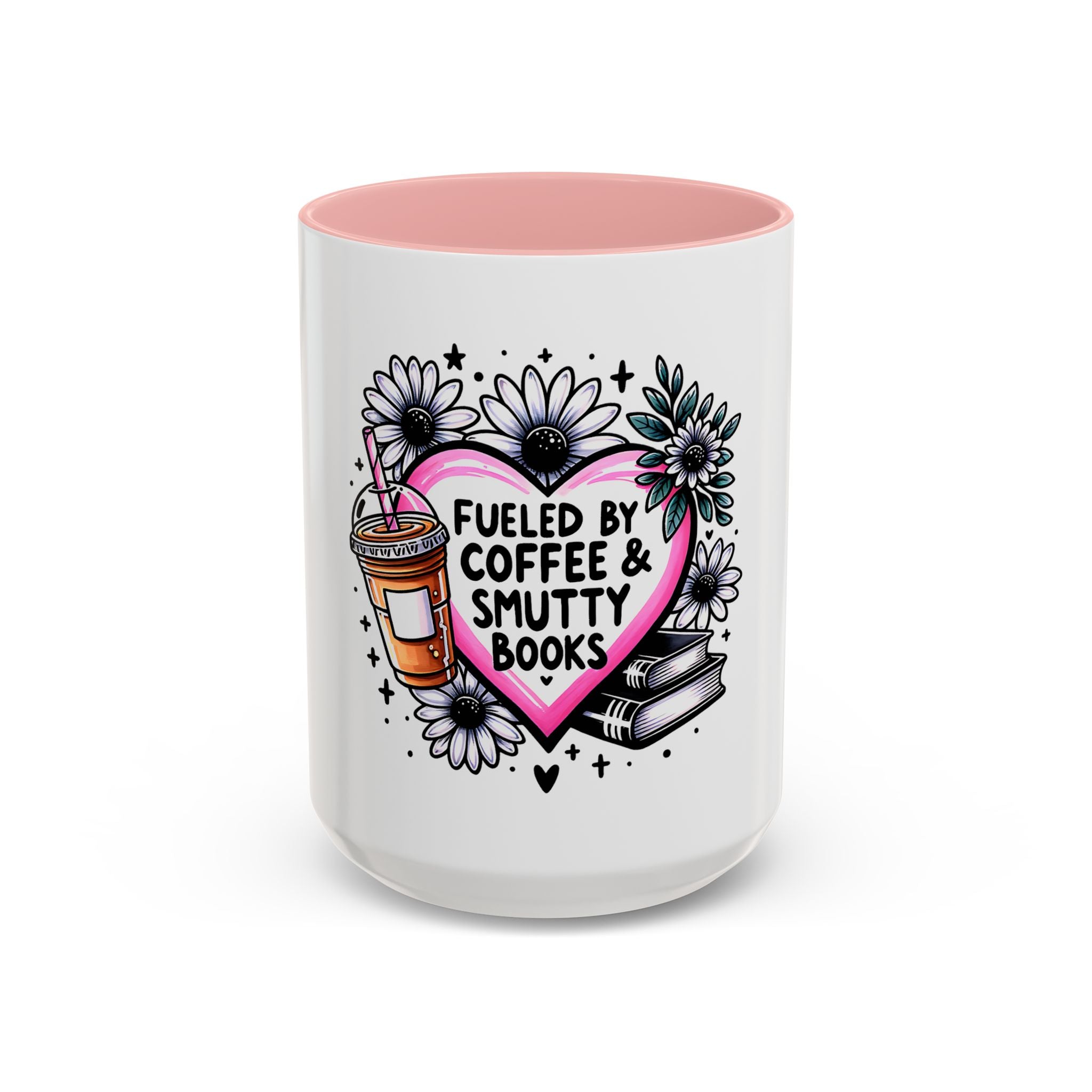Fueled by Coffee & Smutty Books Mug — Floral Heart Coffee Cup (11/15oz)