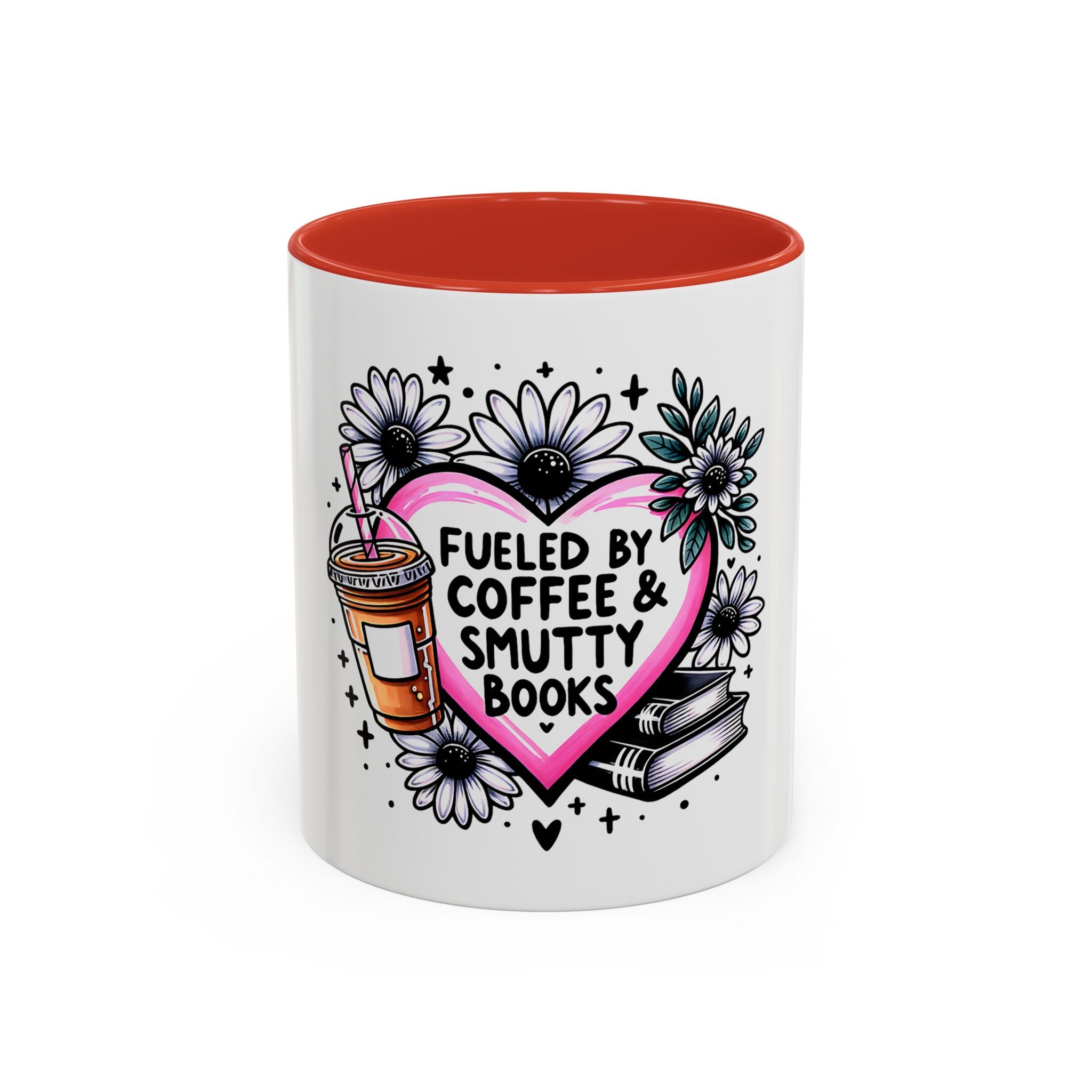 Fueled by Coffee & Smutty Books Mug — Floral Heart Coffee Cup (11/15oz)