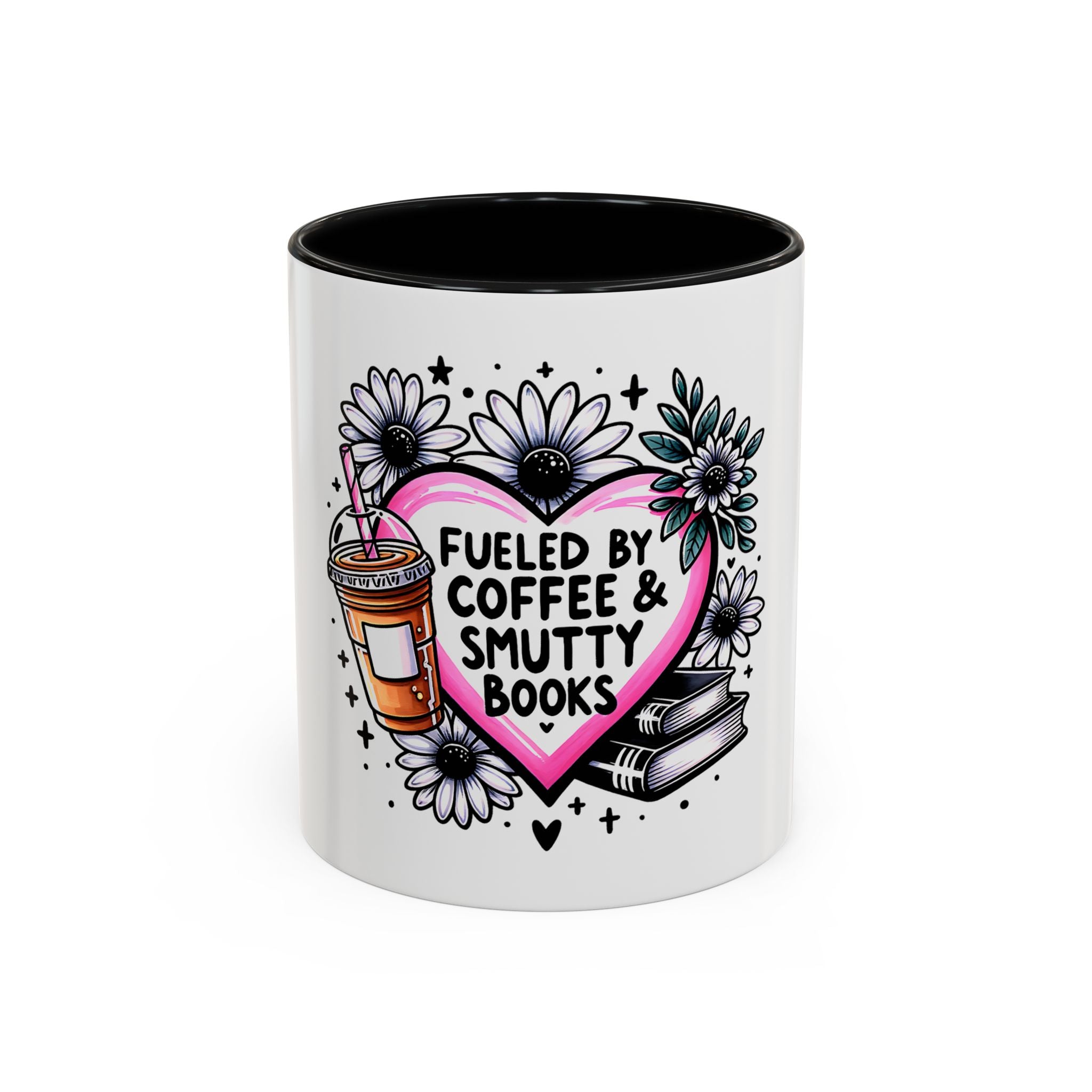 Fueled by Coffee & Smutty Books Mug — Floral Heart Coffee Cup (11/15oz)