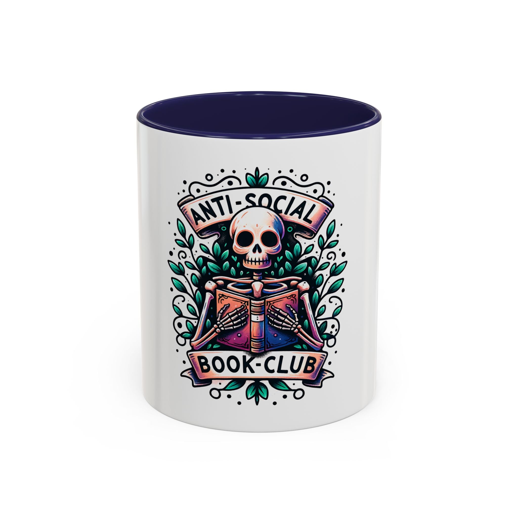 Accent Mug — "Anti-Social Book Club" Skull & Book Coffee Mug (11/15oz)