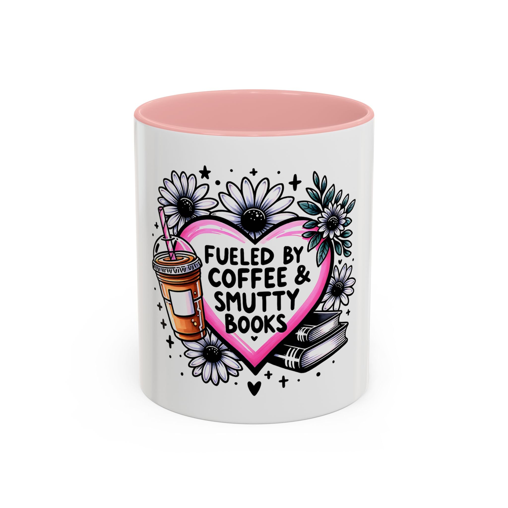 Fueled by Coffee & Smutty Books Mug — Floral Heart Coffee Cup (11/15oz)