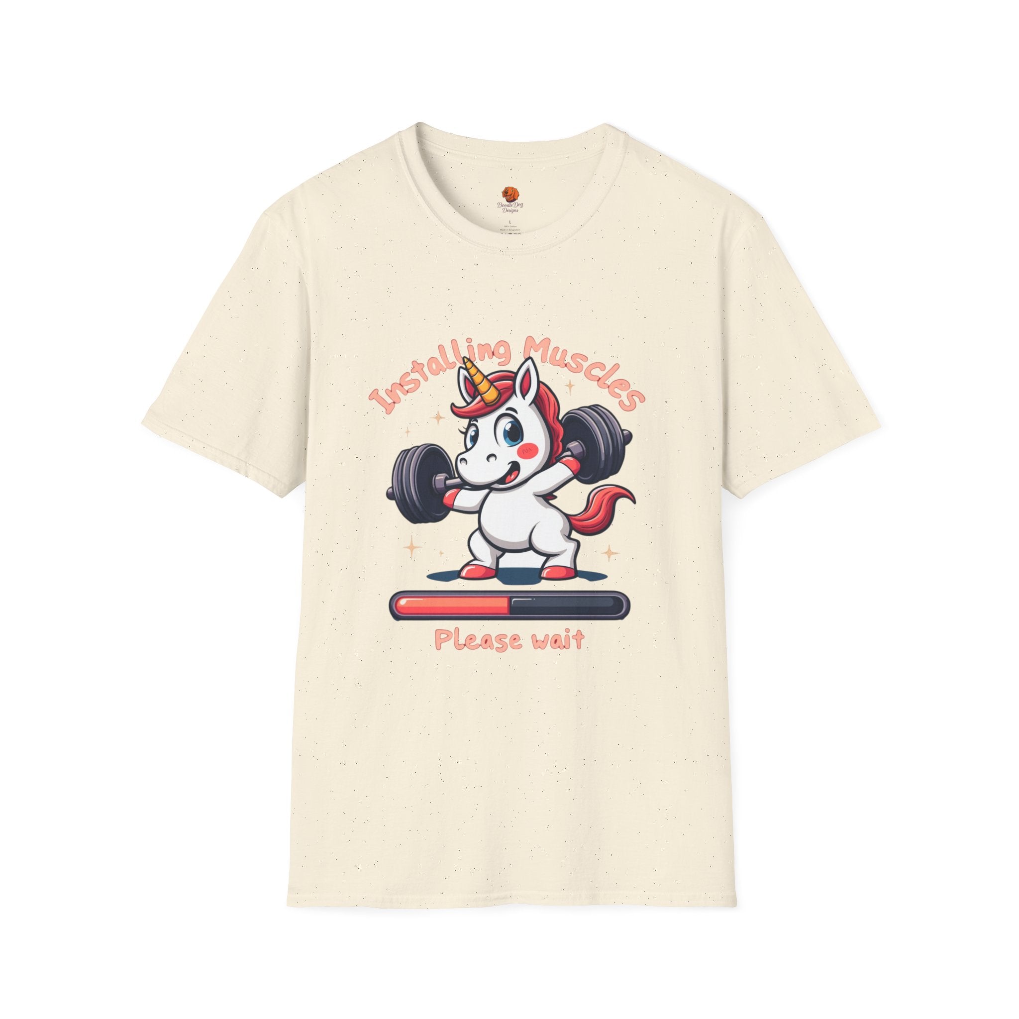 T-Shirt — “Installing Muscles, Please Wait” Cute Unicorn Weightlifting Tee