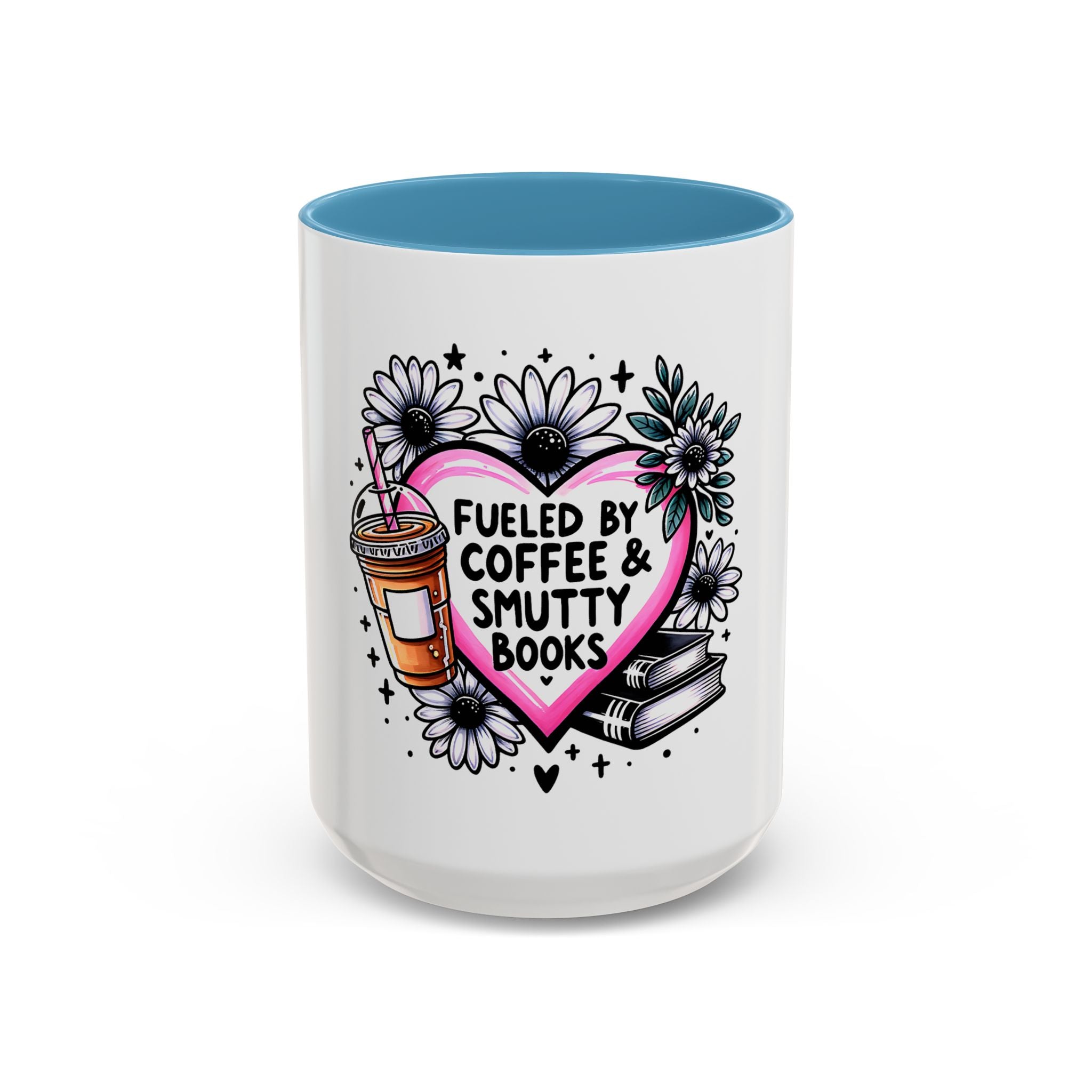 Fueled by Coffee & Smutty Books Mug — Floral Heart Coffee Cup (11/15oz)