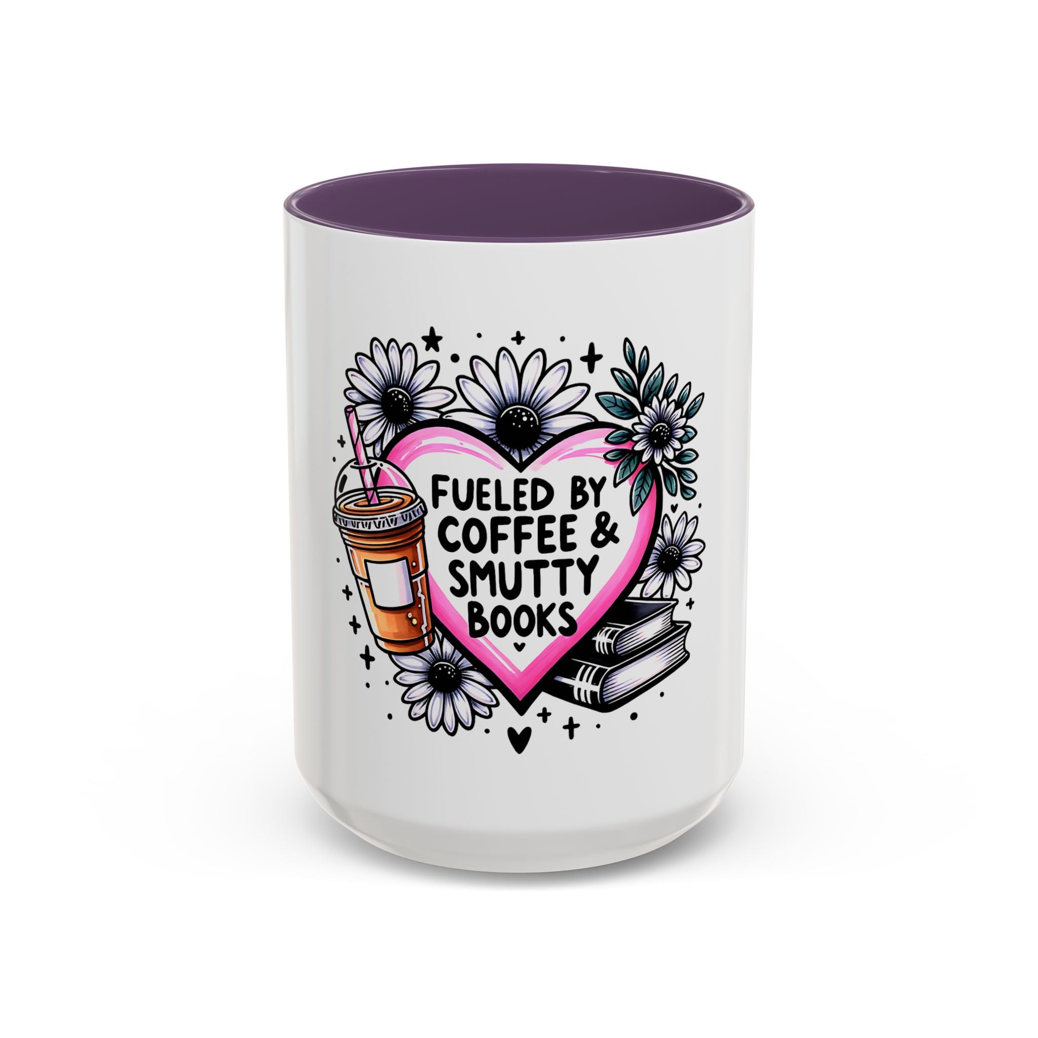 Fueled by Coffee & Smutty Books Mug — Floral Heart Coffee Cup (11/15oz)