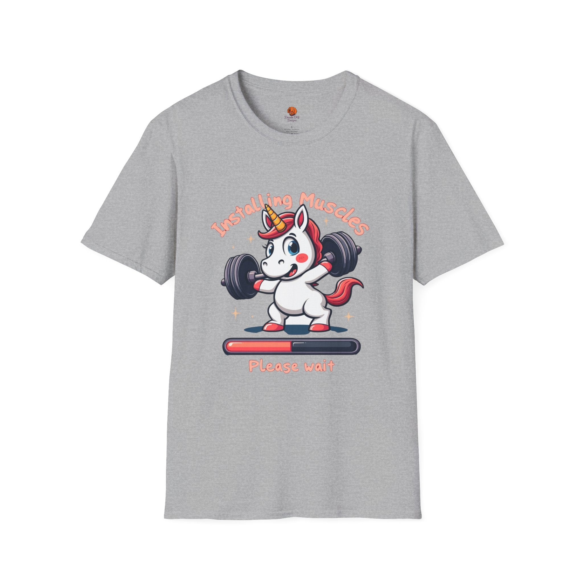 T-Shirt — “Installing Muscles, Please Wait” Cute Unicorn Weightlifting Tee