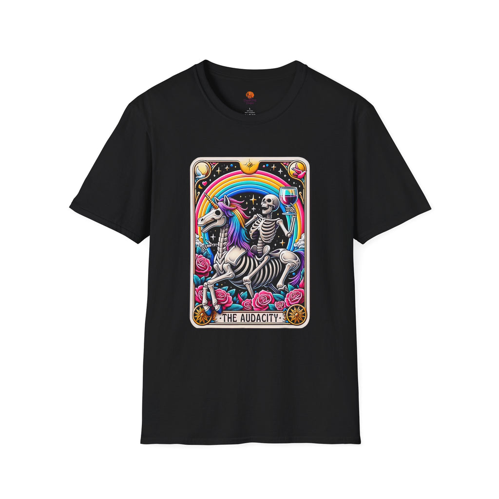 The Audacity Skeleton & Unicorn T-Shirt — Psychedelic Tarot Art Tee