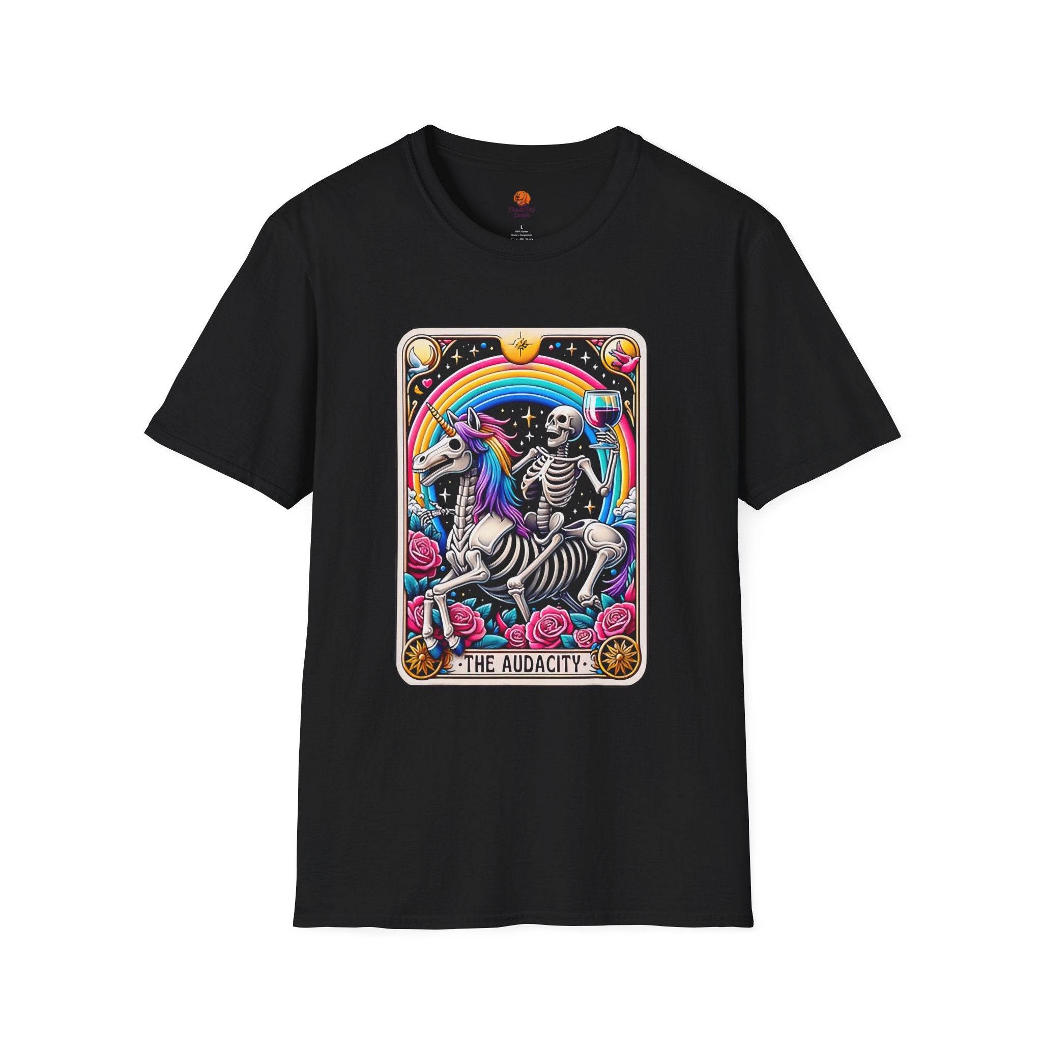The Audacity Skeleton & Unicorn T-Shirt — Psychedelic Tarot Art Tee