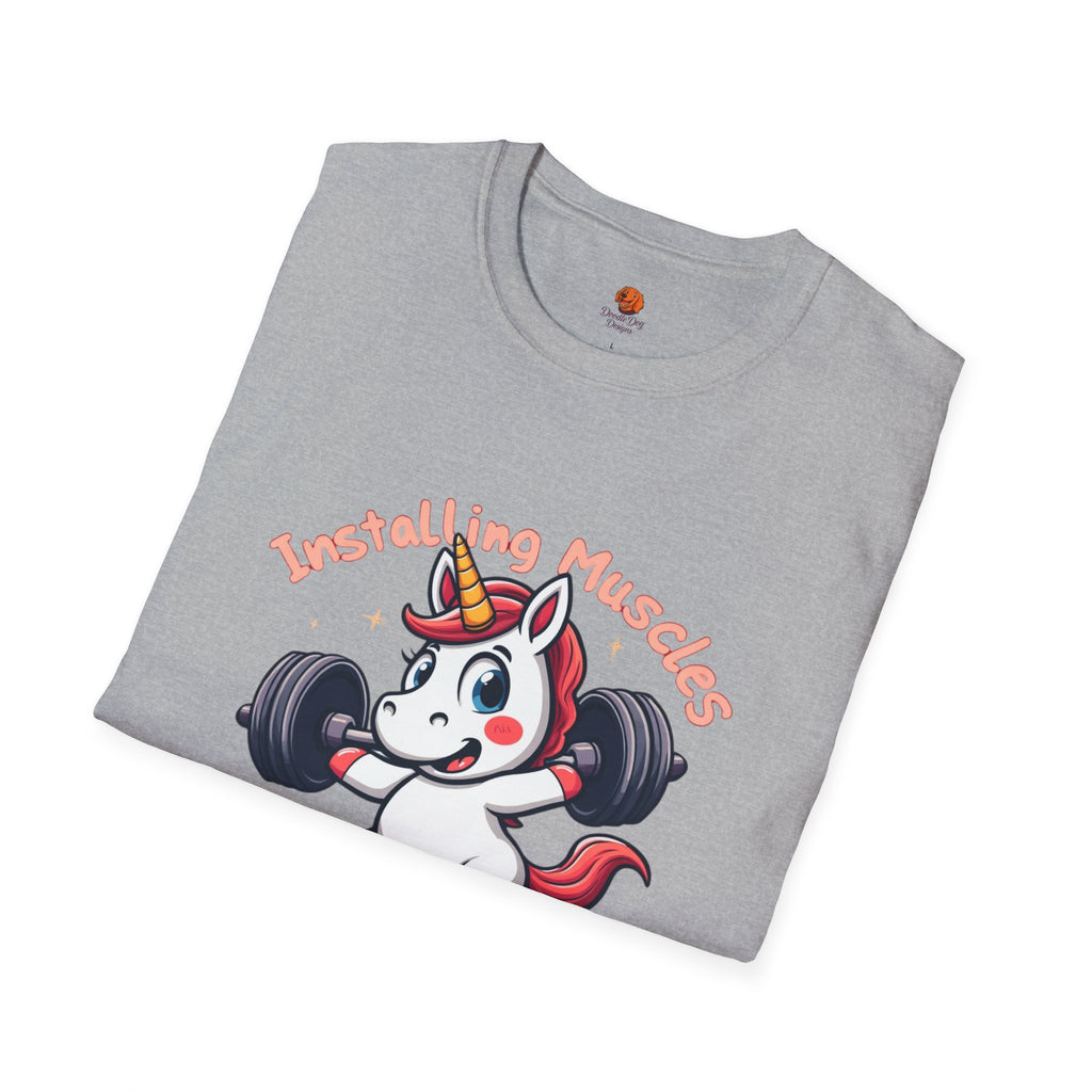 T-Shirt — “Installing Muscles, Please Wait” Cute Unicorn Weightlifting Tee