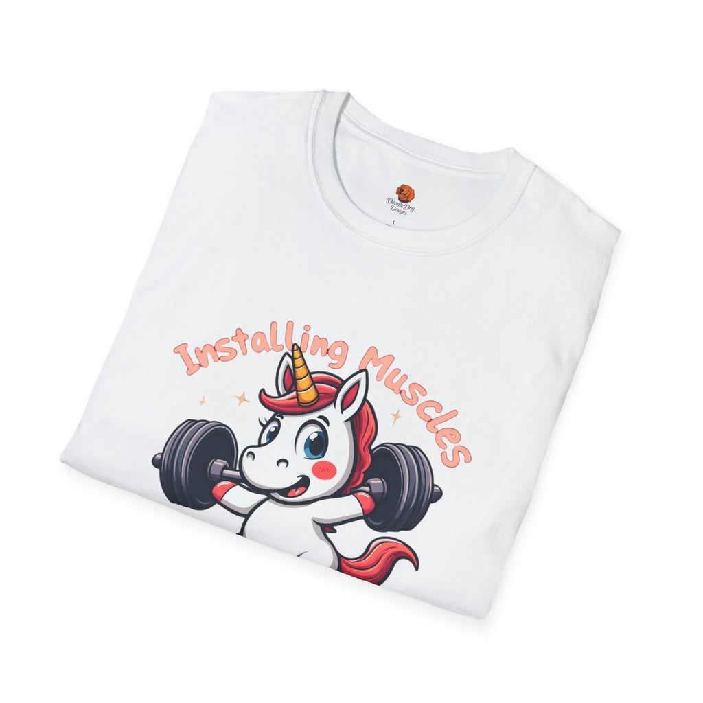 T-Shirt — “Installing Muscles, Please Wait” Cute Unicorn Weightlifting Tee