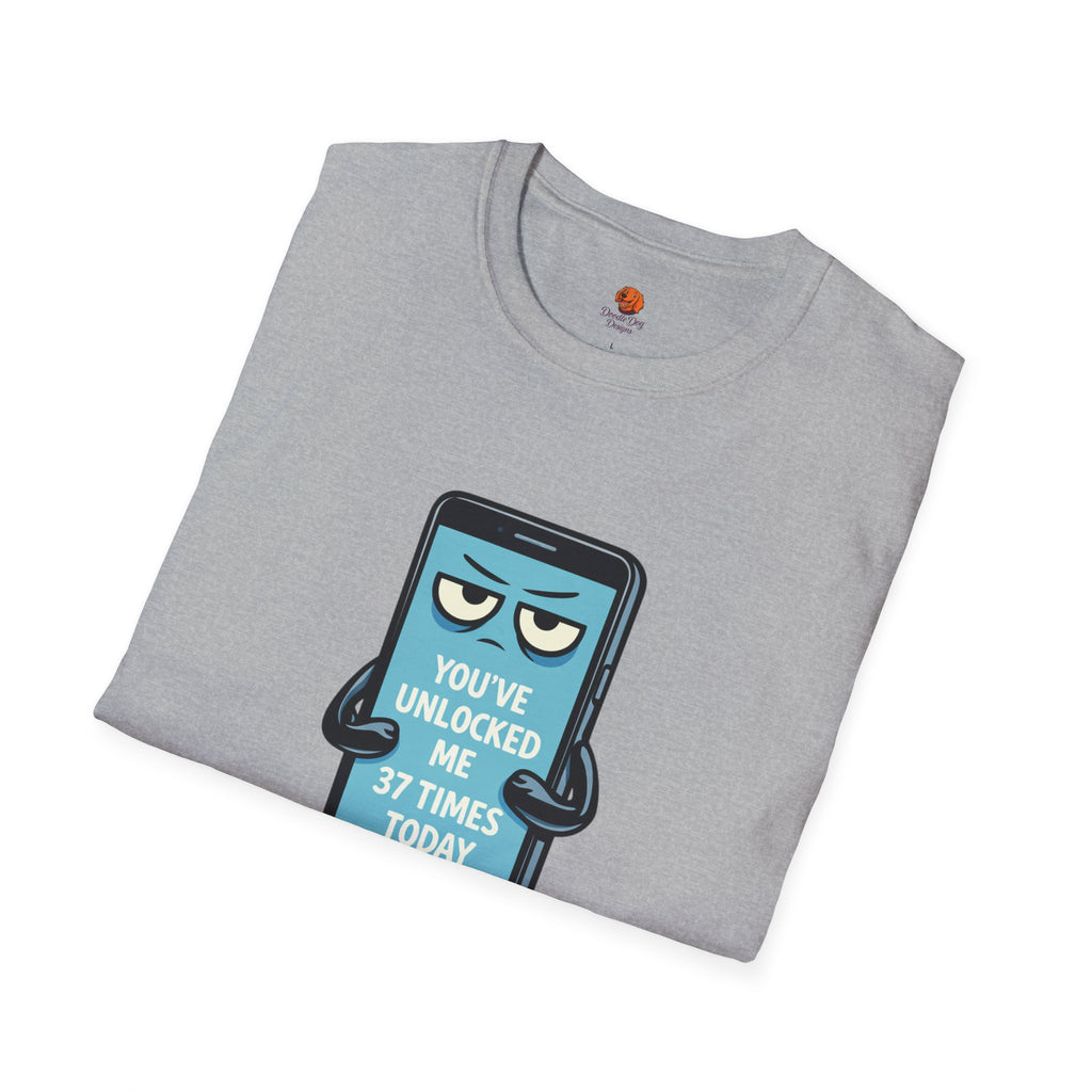 Phone Emoji T-Shirt — "You've Unlocked Me 37 Times Today" Funny Tech Tee