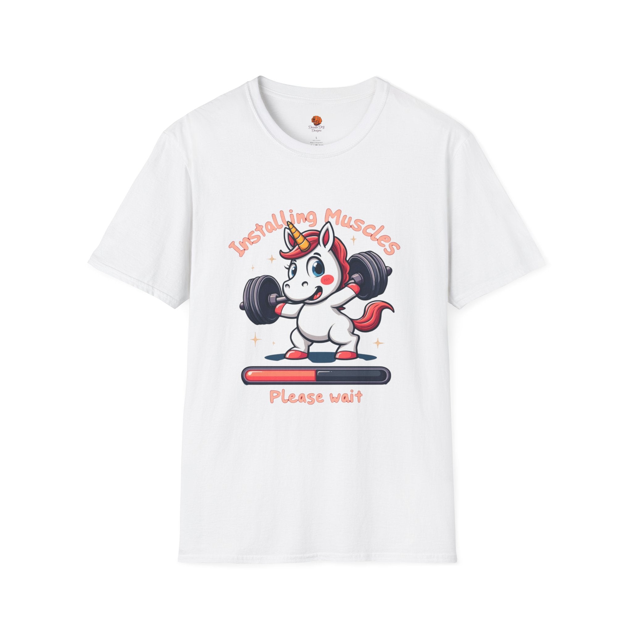 T-Shirt — “Installing Muscles, Please Wait” Cute Unicorn Weightlifting Tee