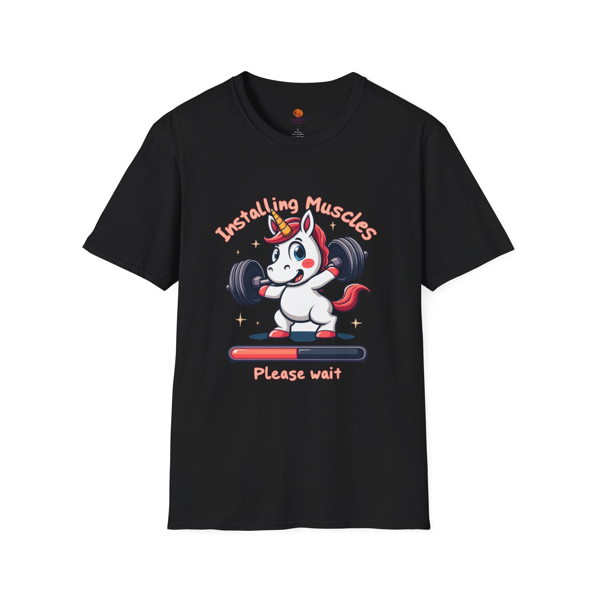 T-Shirt — “Installing Muscles, Please Wait” Cute Unicorn Weightlifting Tee