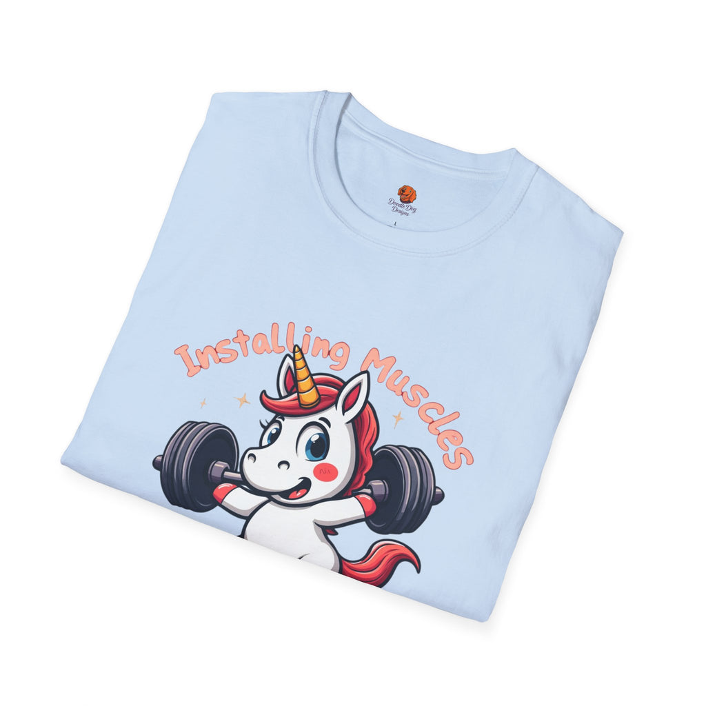 T-Shirt — “Installing Muscles, Please Wait” Cute Unicorn Weightlifting Tee
