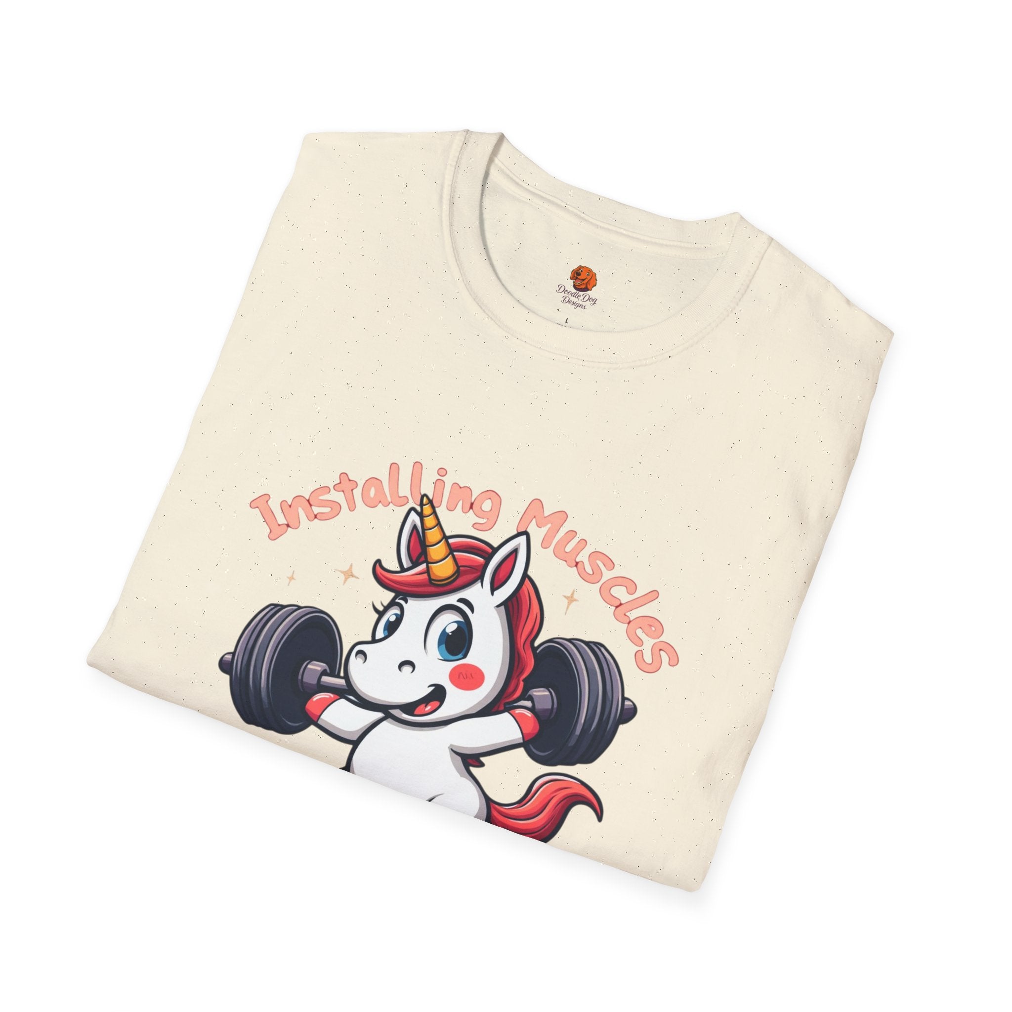 T-Shirt — “Installing Muscles, Please Wait” Cute Unicorn Weightlifting Tee