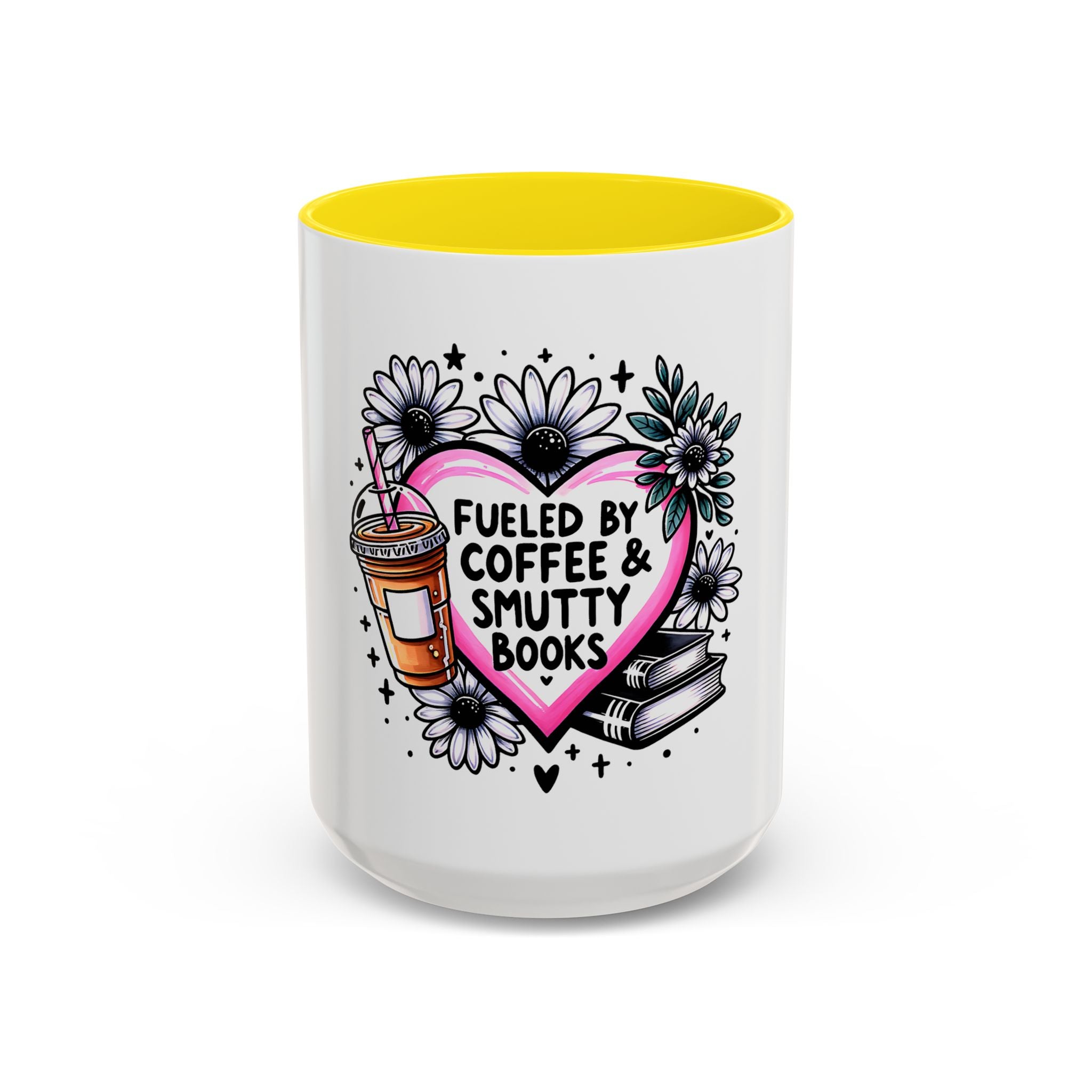 Fueled by Coffee & Smutty Books Mug — Floral Heart Coffee Cup (11/15oz)