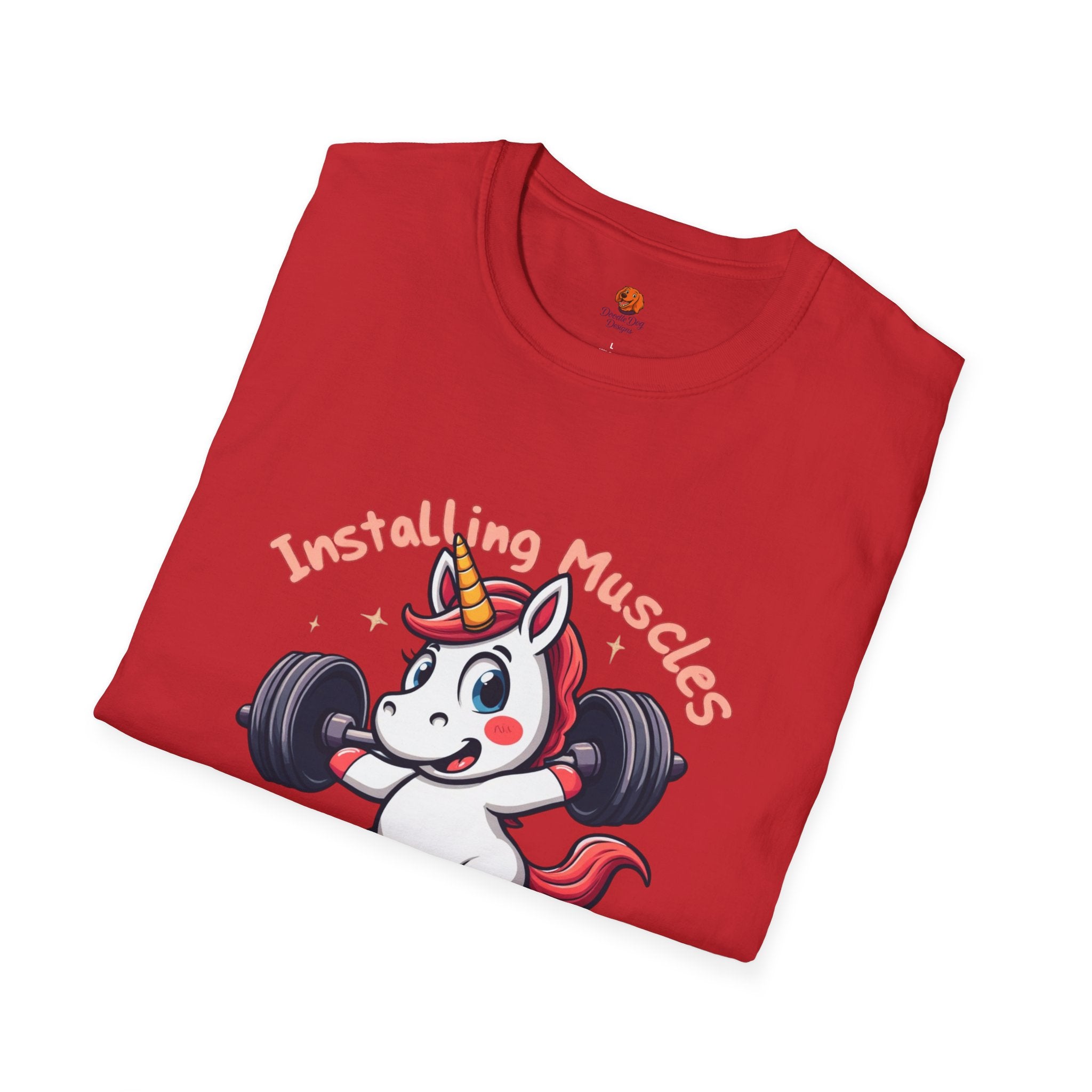 T-Shirt — “Installing Muscles, Please Wait” Cute Unicorn Weightlifting Tee