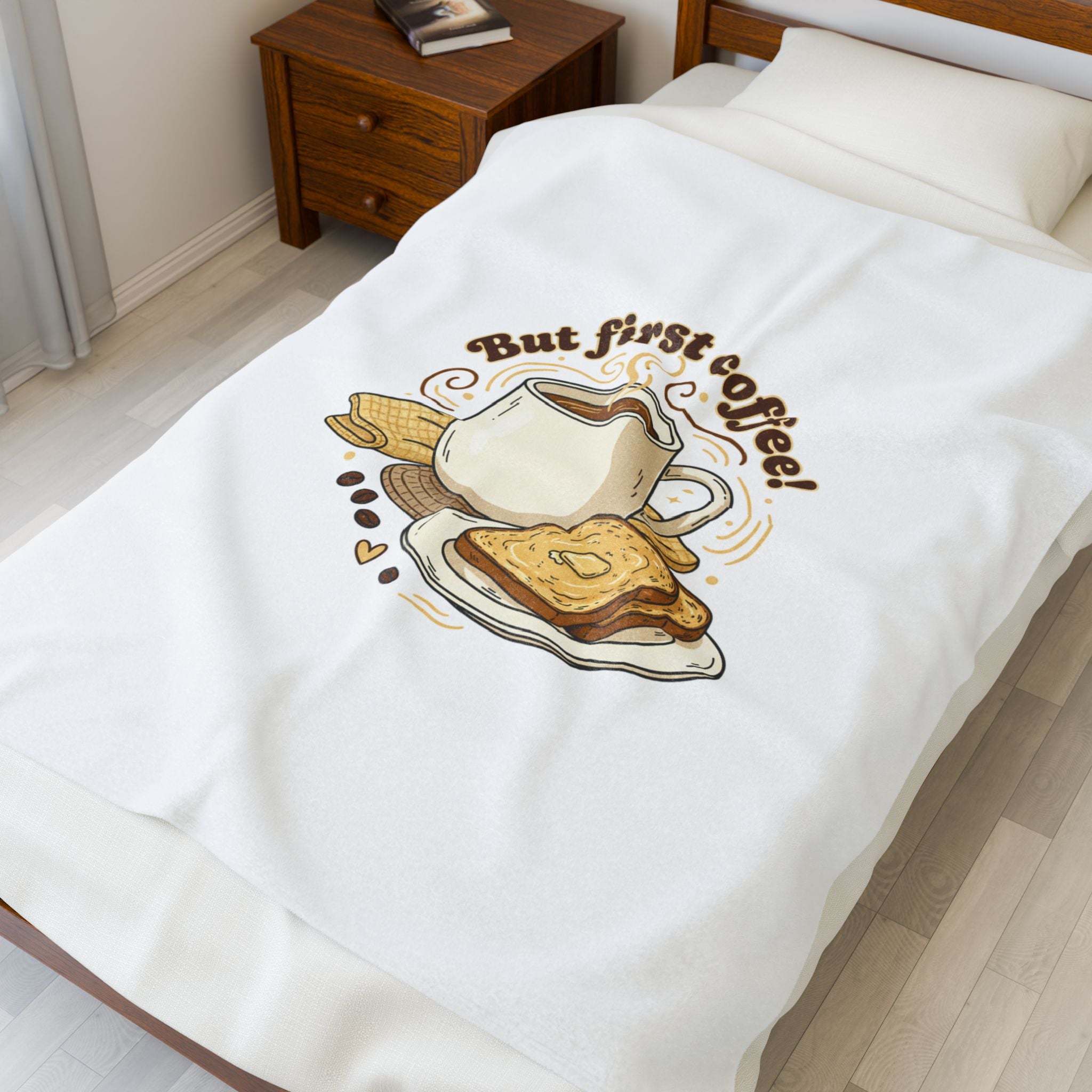 But First Coffee! Plush Blanket | cafe-inspired kawaii, butter toast graphics