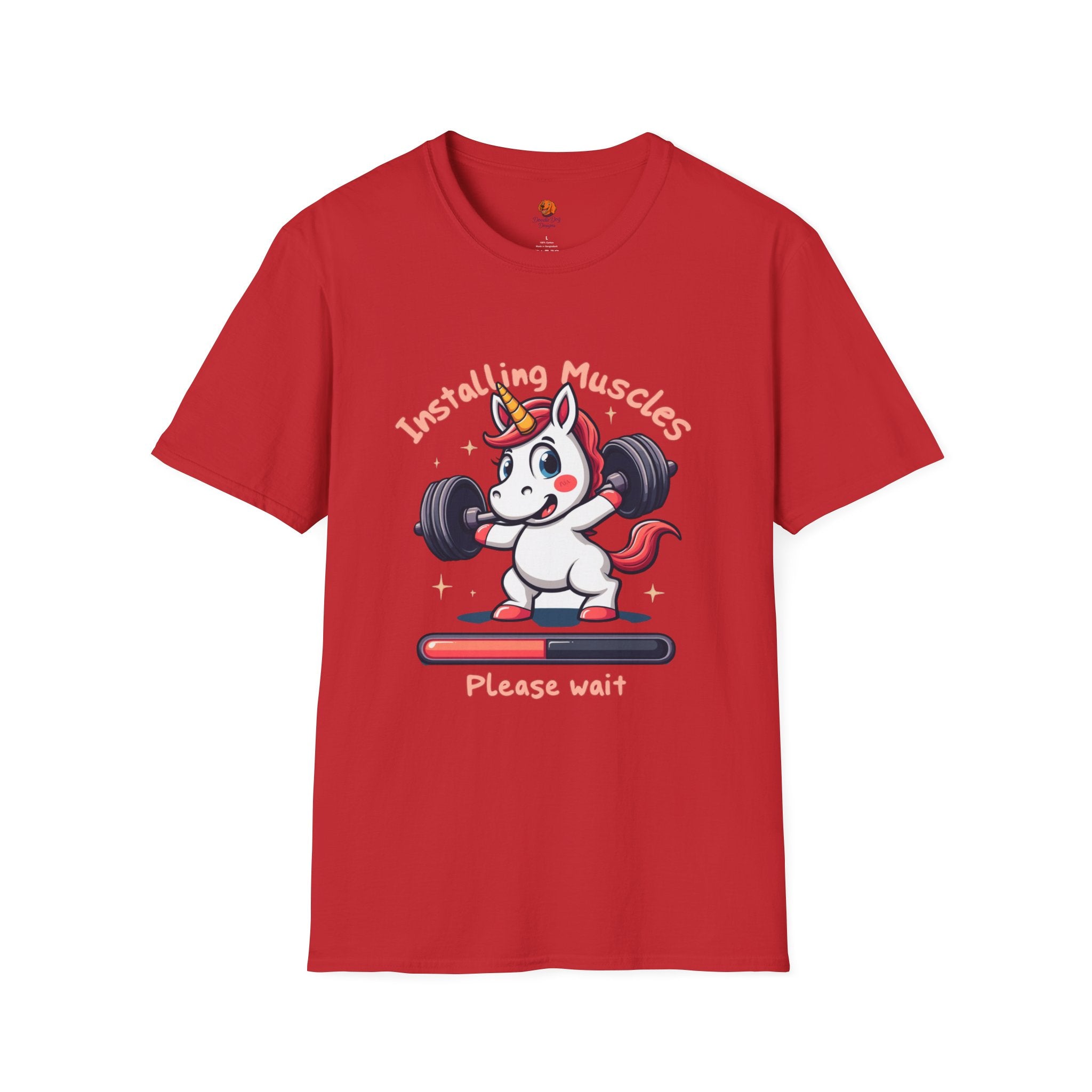 T-Shirt — “Installing Muscles, Please Wait” Cute Unicorn Weightlifting Tee