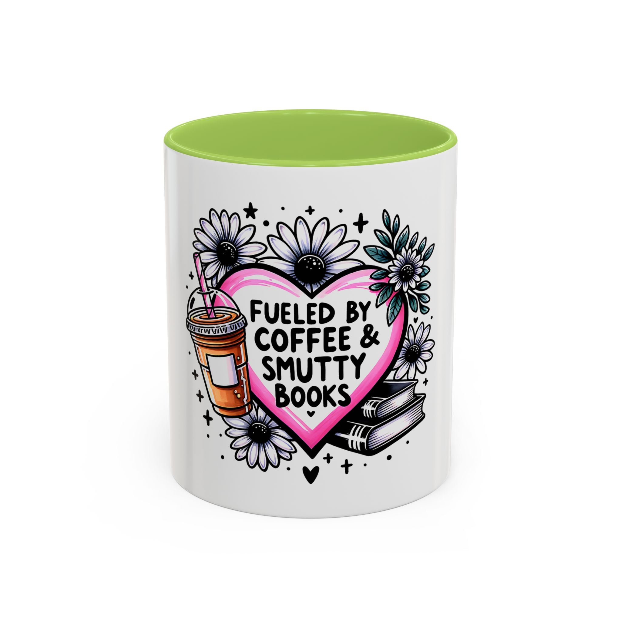 Fueled by Coffee & Smutty Books Mug — Floral Heart Coffee Cup (11/15oz)